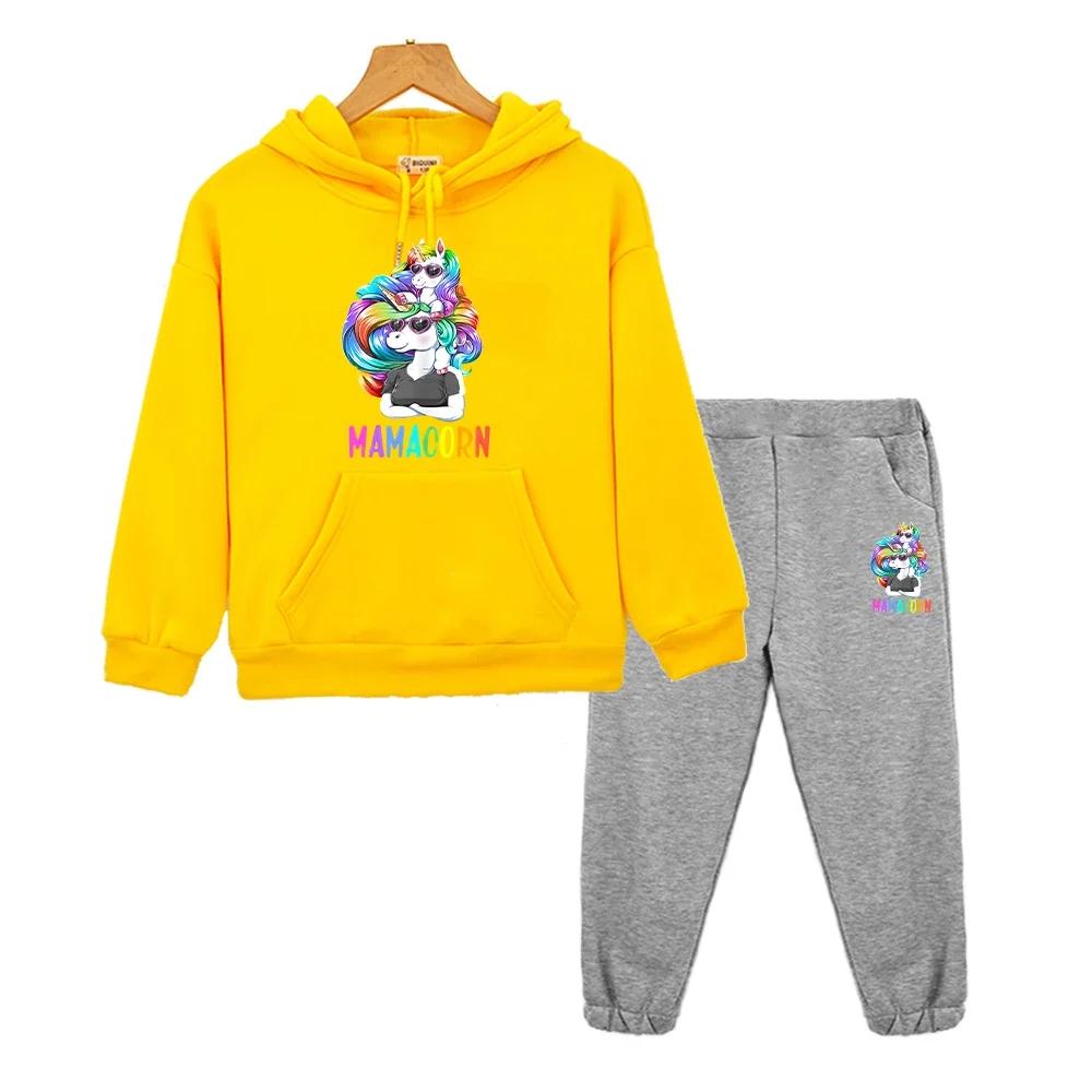Boys Girls Hooded Sets Unicorn Print Kawaii Anime Hoodie Fleece Sweatshirt Autumn Pullover Cartoon Jacket  Kids Boutique Clothes 2PCS  Children's Suit