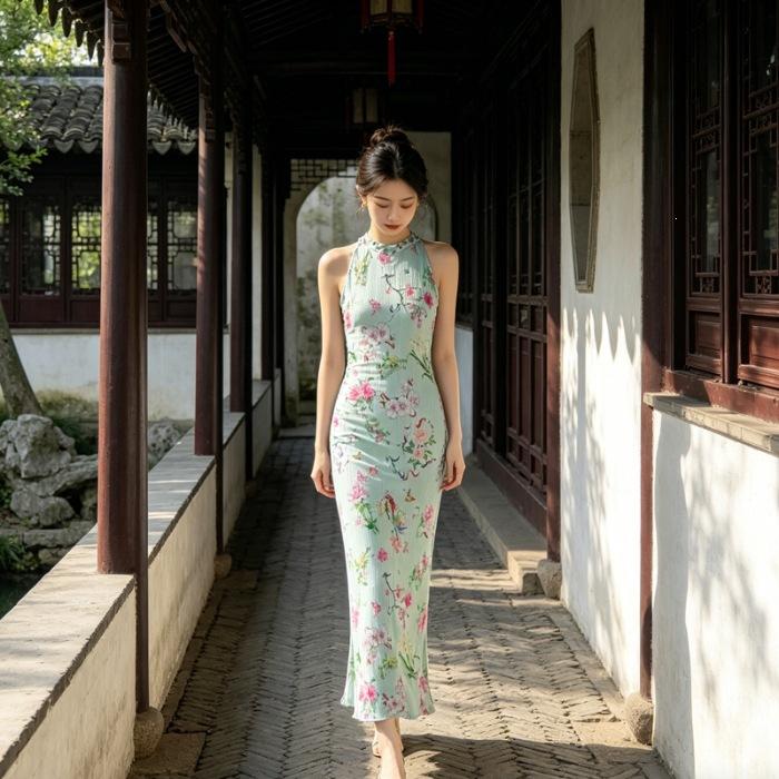 Wave pleated stand-up collar lace print neck long dress women s gentle fashion new French summer S