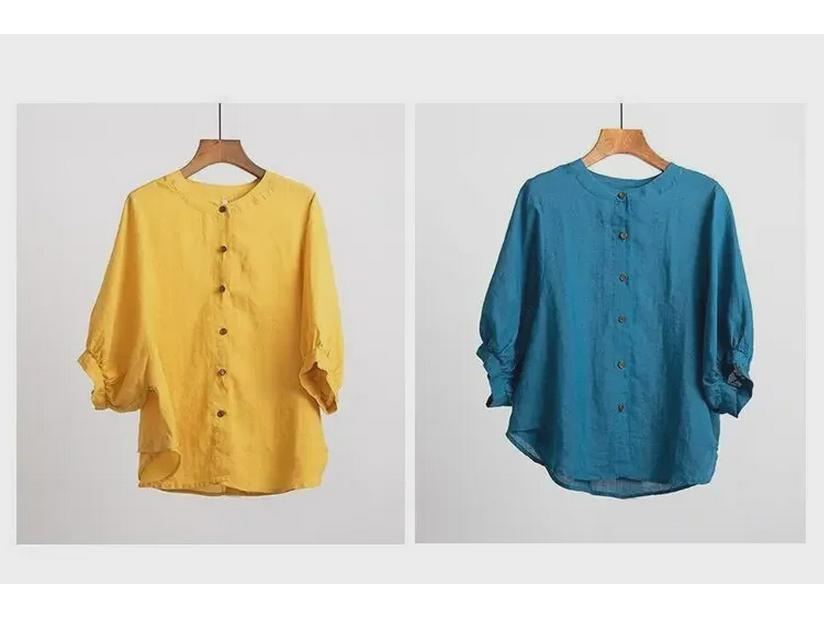 Dámský retro top s lucernovými rukávy z bavlny a lnu, volný střih, středně dlouhý rukáv, jaro/léto 2025