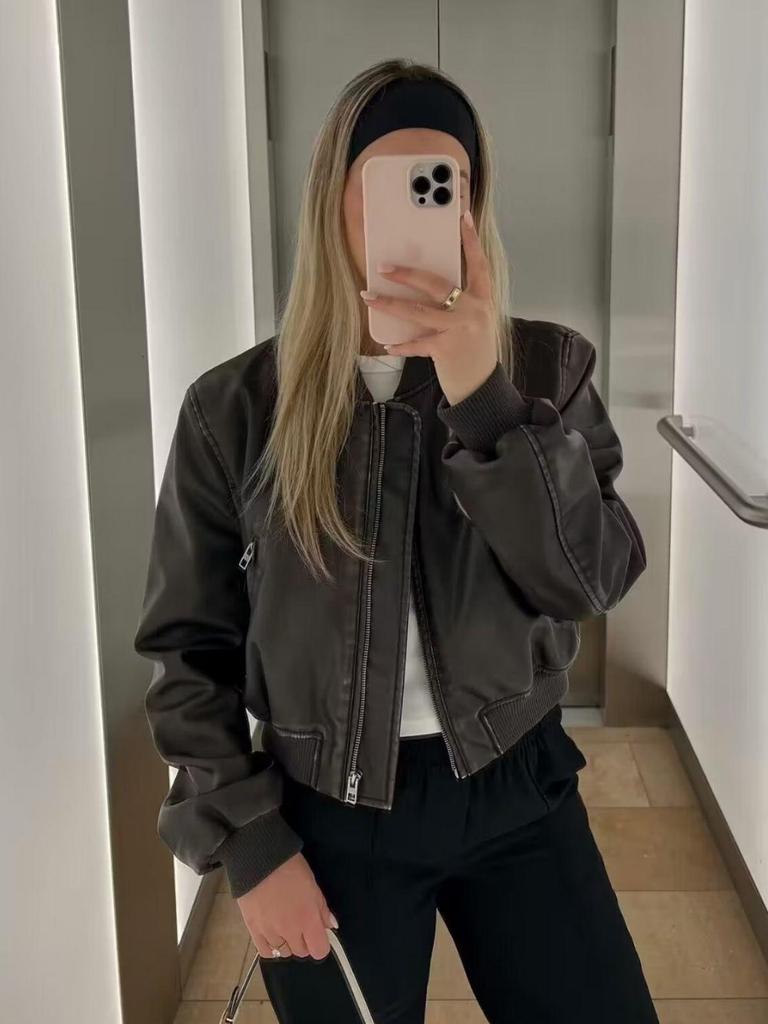 Y2KPU Slim Fit Stand Collar Biker Bomber Jacket - 2023 Autumn Collection