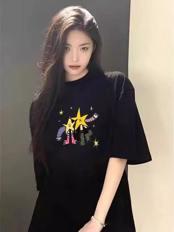 2025 Women's Loose-Fit Black Short Sleeve T-shirt – Pure Cotton, Trendy American Niche Design