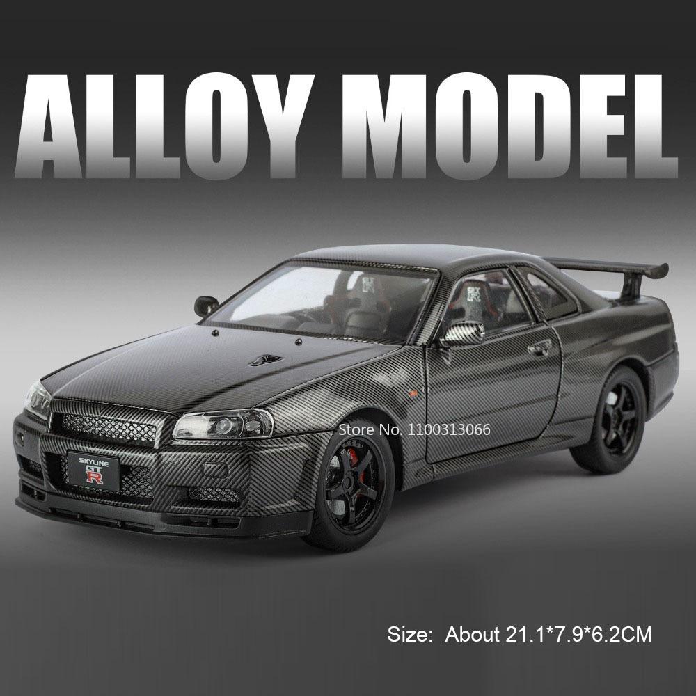 1:24 Mitsubishi EVO9 GTR-R34 Spielzeugautos Metallmodelle Rad Rückzug Miniaturauto Simulierter Innenraum Fahrzeuge Tischdekoration