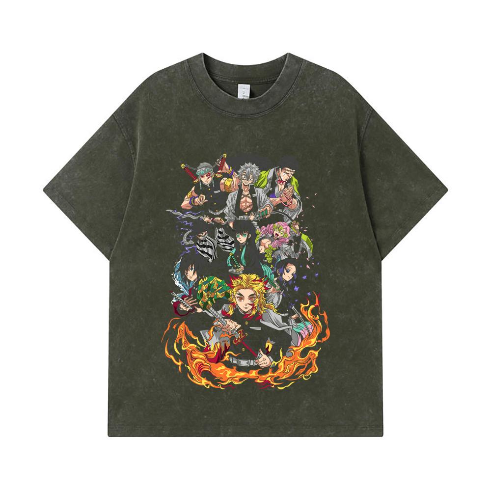 

275 GSM Washed T-shirts 100% Cotton Demon Slayer V61 Hashiras Print Unisex Heavy Cotton T Shirt S армия зеленый