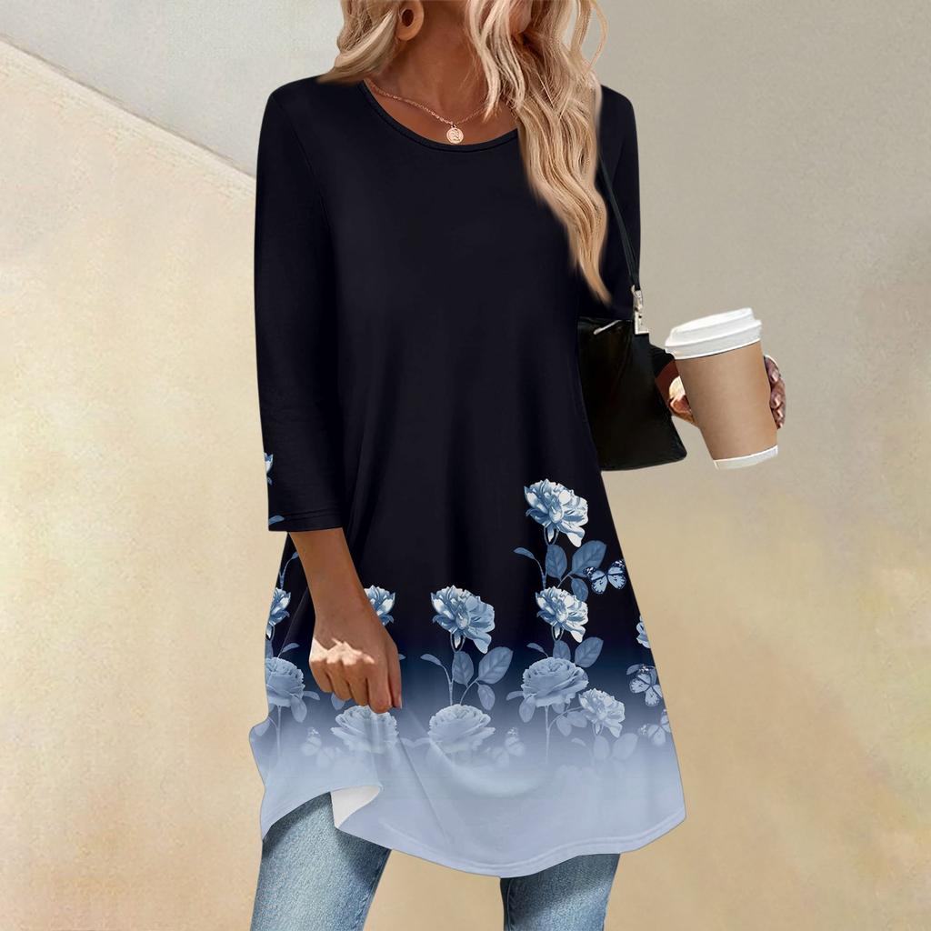 Dame Mote Casual Trekvartsermet Lang Blomstermønstret Rundhals Topp