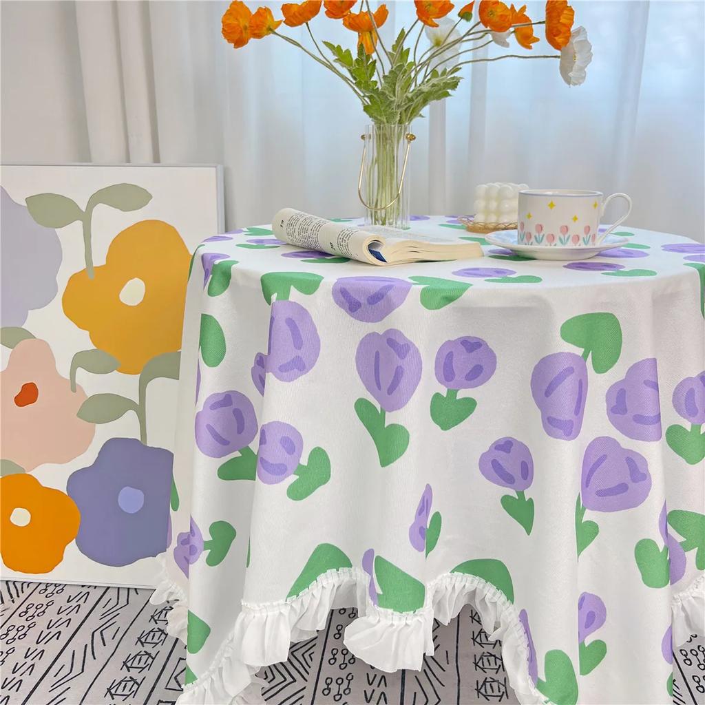 White Pleated Border Printed Tablecloth Flower Pattern Brushed Fabric Table Cover Rural Style Rectangular Dining Table Cloth