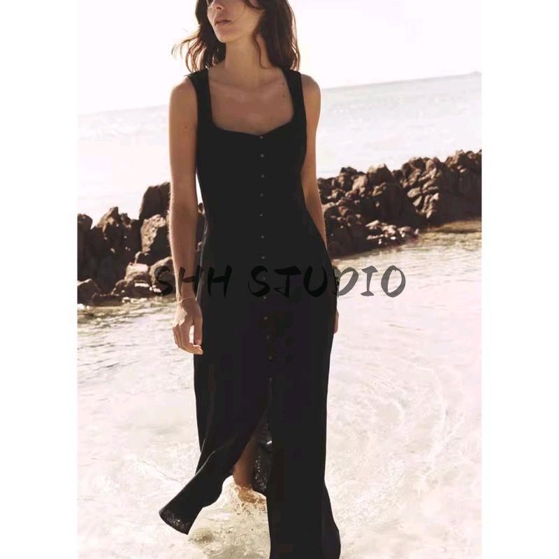 Summer Women Clothes Holiday Style Decorated Row Button Square Collar Linen Blend Midi Dress 6962030 6962029