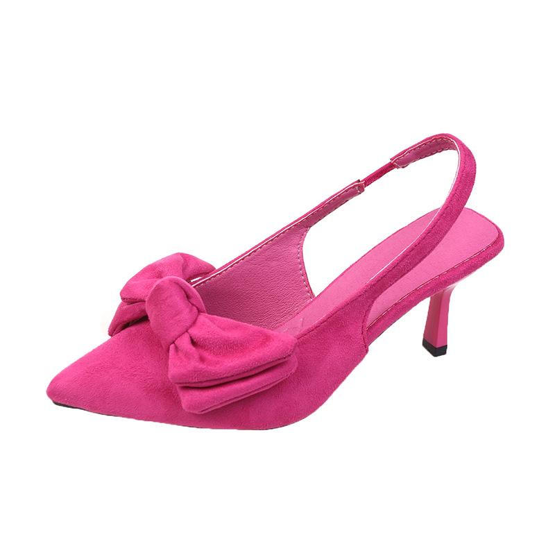 

French high-heeled niche bag head bow sandals fairy shoes new summer thin heel pointed single shoes 39 рожевий червоний колір