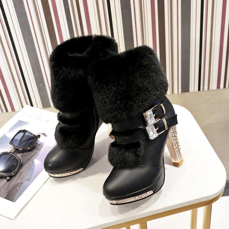 Rhinestone High Heeled Short Boots for Women Thick with Short Round Head Side Zipper Super High with Fashion Party Boots Female