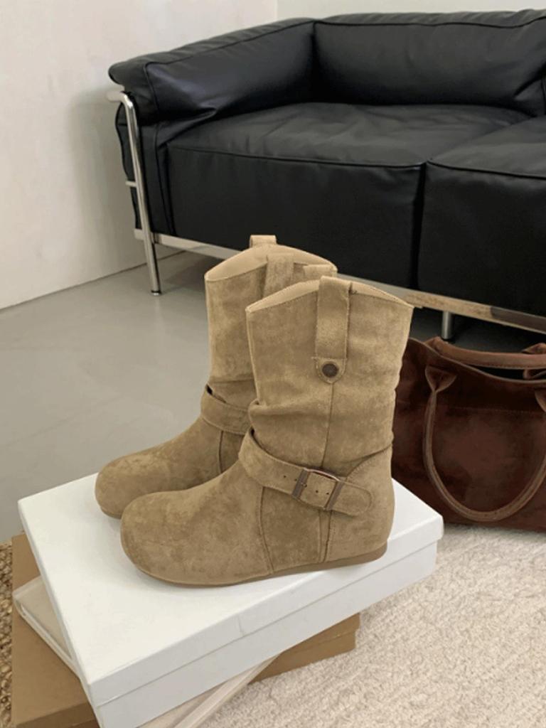 Round head inner heightening belt buckle short boots spring and autumn flat bottom stacking boots