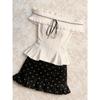 Women's Trendy Summer Set: Off-Shoulder Ruffled Top & Polka Dot High-Waisted Midi Skirt.