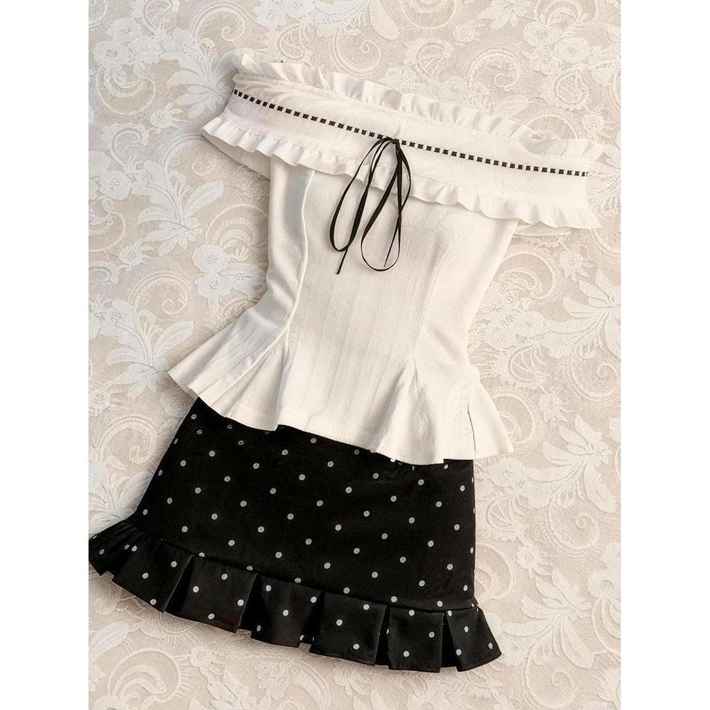 Women's Trendy Summer Set: Off-Shoulder Ruffled Top & Polka Dot High-Waisted Midi Skirt.