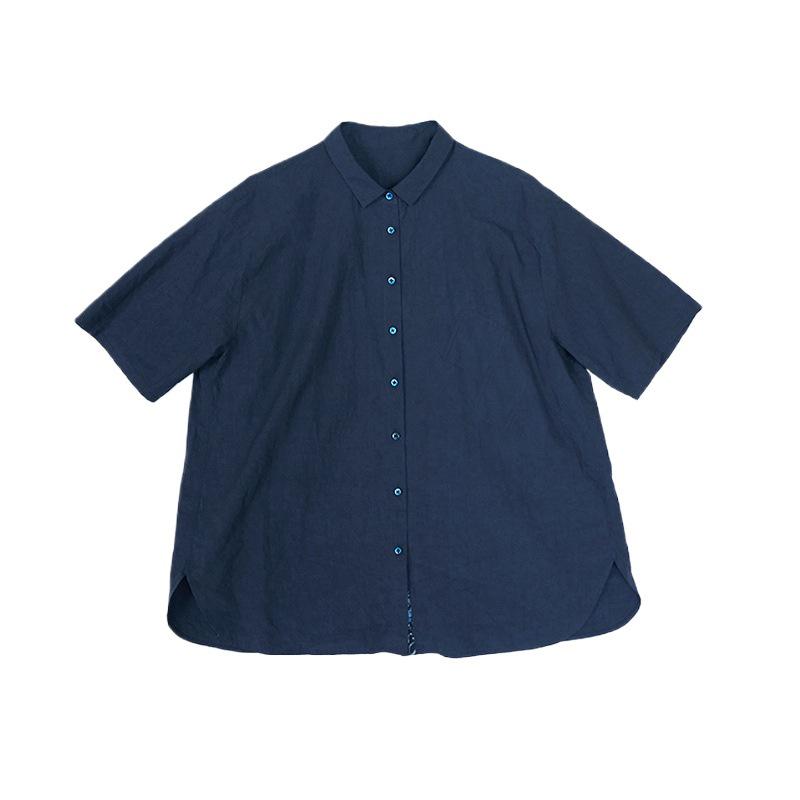 Women's Original Retro Cotton Dark Blue Short-Sleeved Casual Blouse