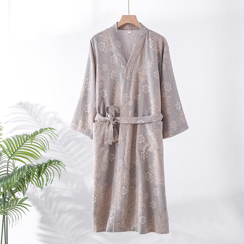 Women's Retro Jacquard Cotton Bathrobe: V-Neck Loungewear for Spring & Autumn, Kimono Sauna Suit