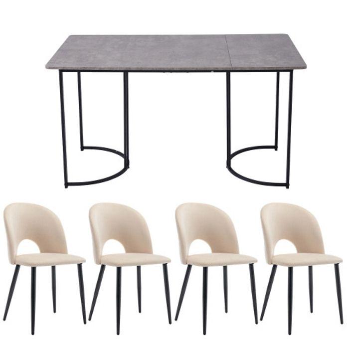Ensemble Salle À Manger - MUVOE - Table 140x80 Cm - 4 Chaises En Velours Beige - Pieds Réglables - MDF Gris