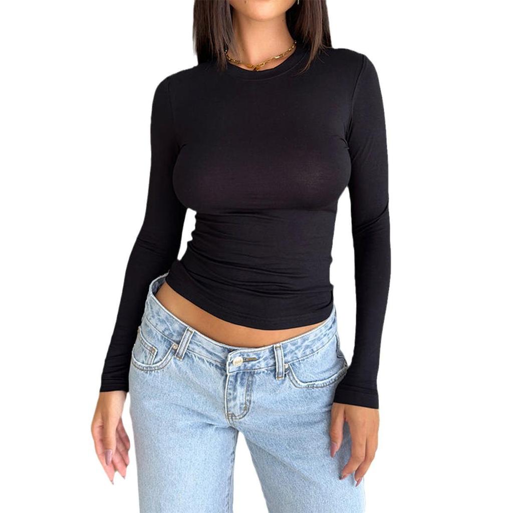 2024 Women's Y2K Slim-Fit Round Neck Solid Color Long Sleeve Top