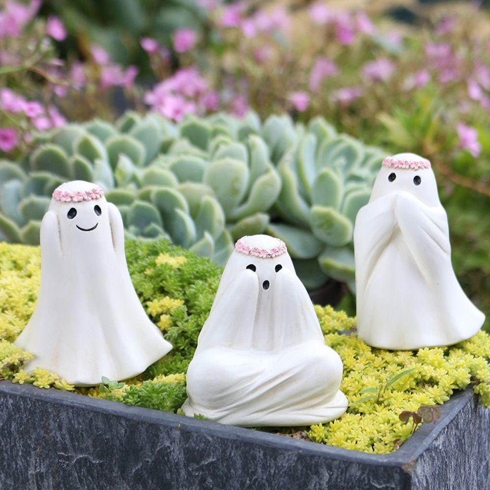 3pcs Resin Halloween Ghost Decor Set Cartoon Ghost Art Sculpture Floral Haunting Ornaments  Home