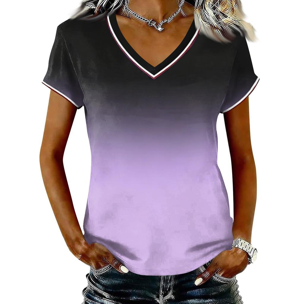 Camiseta Casual de Mujer con Cuello en V y Manga Corta, Jersey con Estampado Degradado, Tejido Ligero y Suave, Ajuste Cómodo