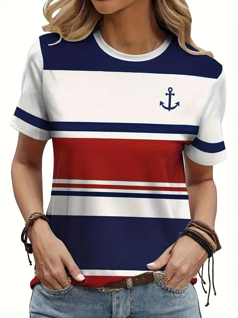 Summer Anchor Stripe 3D Print T-Shirts Women Casual Short Sleeve Round Neck T Shirt Harajuku Y2K Tees Top Female Street Clothing