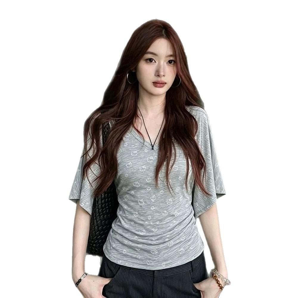 V-neck Kitty Print Bat Short-sleeved T-shirt Women's Summer Spice Slim and Thin Versatile Top