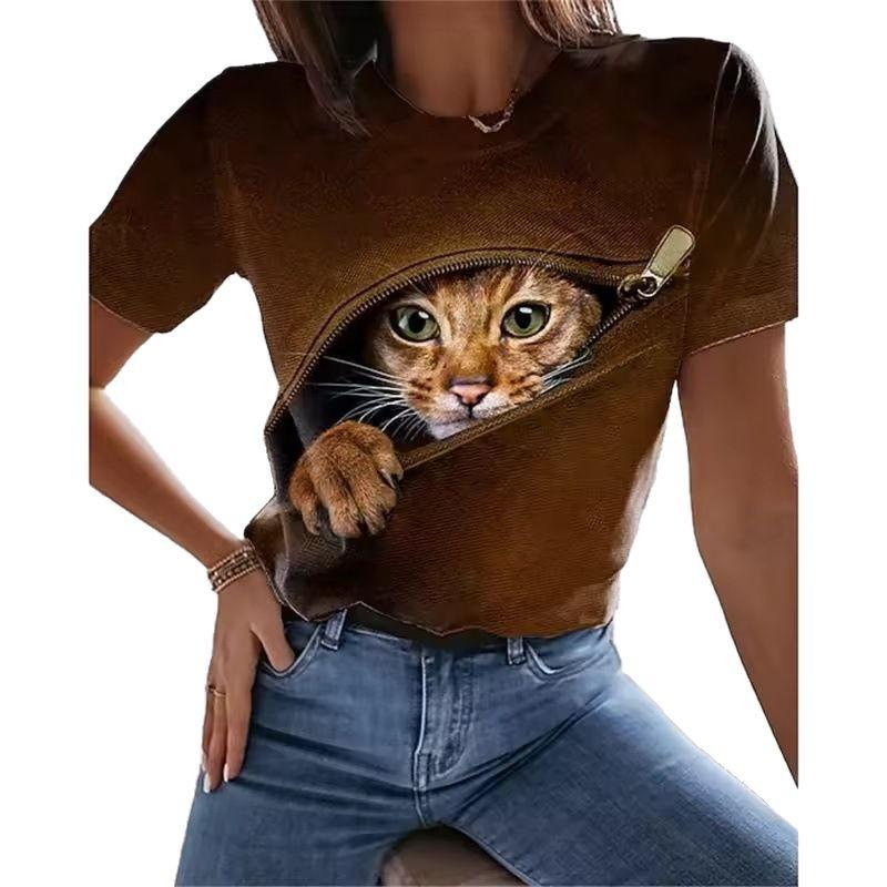 Women's T-shirt 3D Printed Casual Short Sleeved Cute Kitten Pattern Print O-Neck Top Fashionable Street Women's Clothing