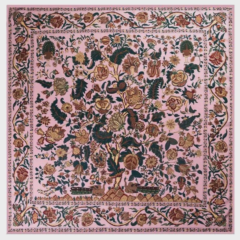 "New European and American Jungle Floral Bird Print 130cm Silk Twill Satin Square Scarf Shawl"