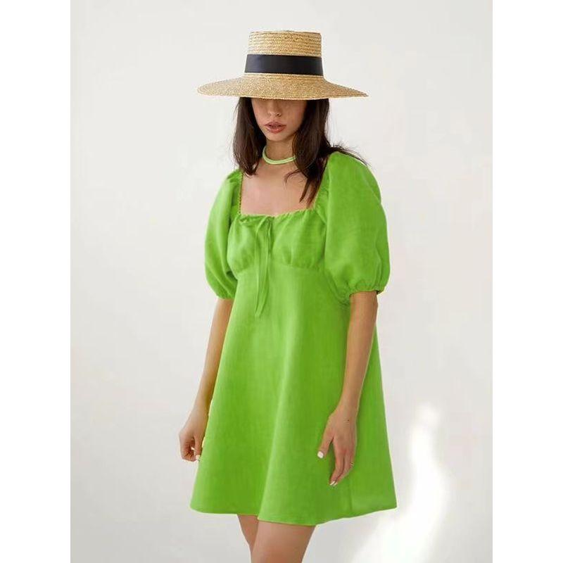 

Western Style New Puff sleeve Dress Solid Square Collar Casual Vacation Short dress Square Neck Dress Green L