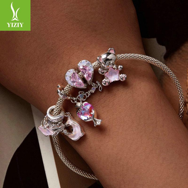 Pink Star Bear Diy Bracelet Beaded, Dream Sweet Girl Wind S925 Sterling Silver Loose Beads