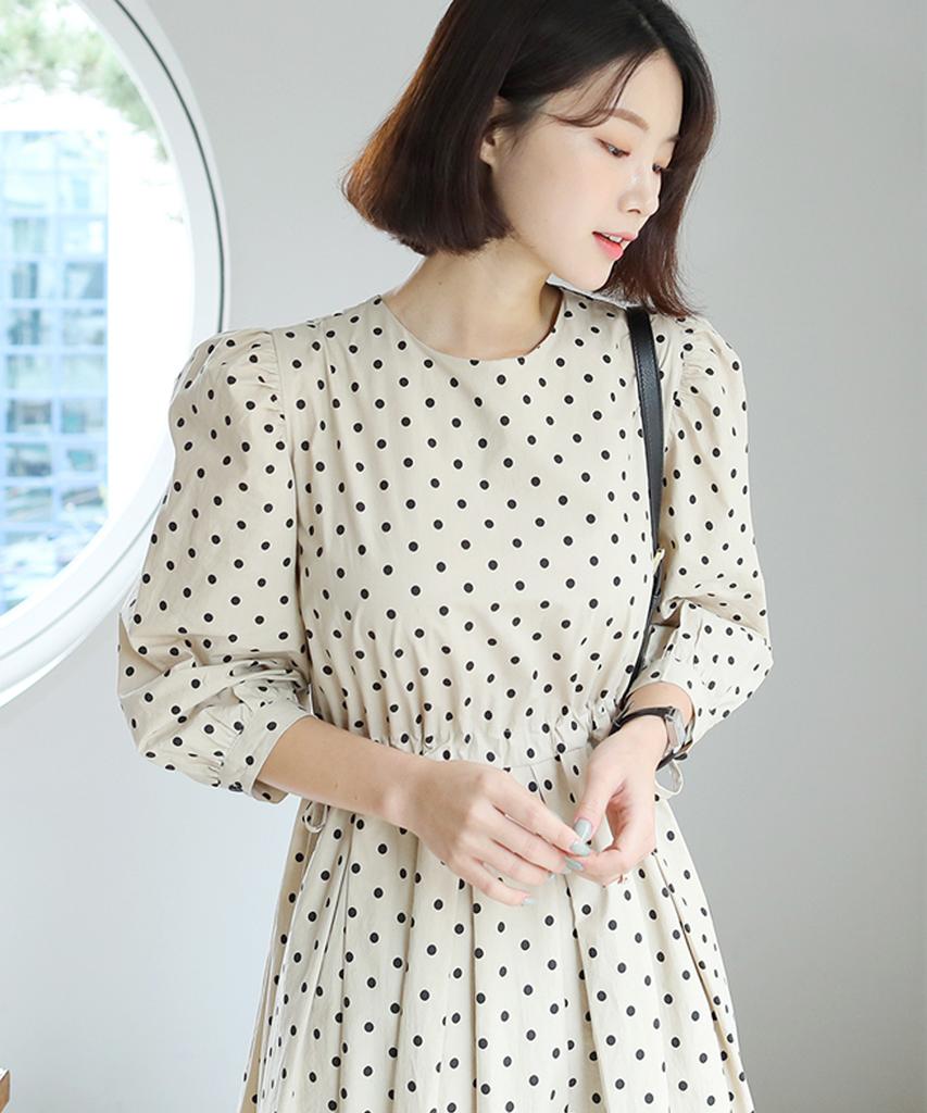 Ppaeppae Waist Ribbon String Dot Long Dress