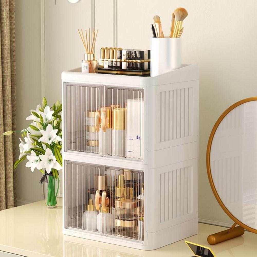 Foldable Makeup Storage Box Dust-proof Large Capacity Storage Shelf Multi Layer Double Door Cosmetics Storage Box