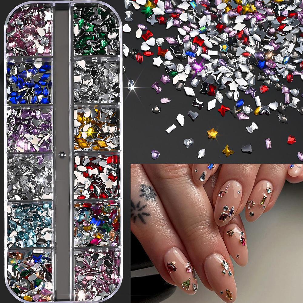 2000Pcs+ Colorful Rhinestones Nail Art Charms Multi Shape Crystal Flat Back Nail Gems 3D Mini Heart Star Butterfly Nail Diamonds