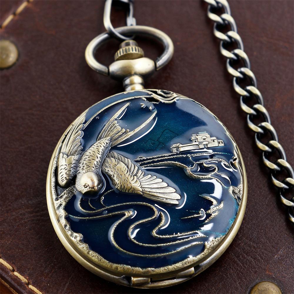 Vintage Retro Popular Bronze Pocket Watch Enamel Swallow Bird Landscape Embossed Pendant Necklace Watch for Women Men чёрный