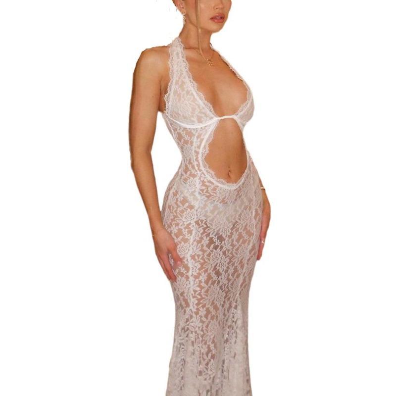 Summer Lace Halter Neck Backless Dress - Solid Color Women's Fashion