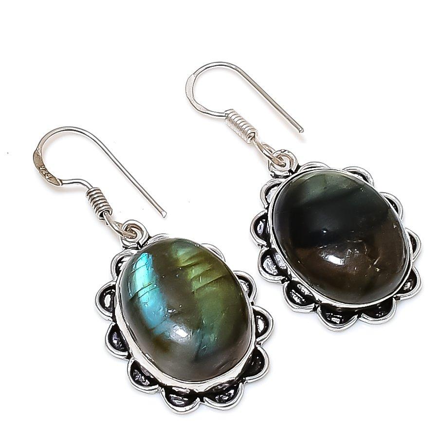 Pietra Preziosa Labradorite Fatto a Mano Argento Sterling 925 Gioiello Orecchino 1.73"
