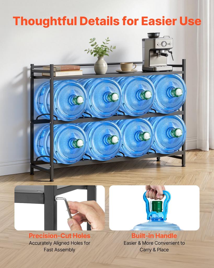 VEVOR Water Jug Holder, 3 Tiers 4 Rows 11 L and 19 L Water Bottle Holder for 8 Bottles, Heavy Duty Jug Rack Organizer with Storage Shelf