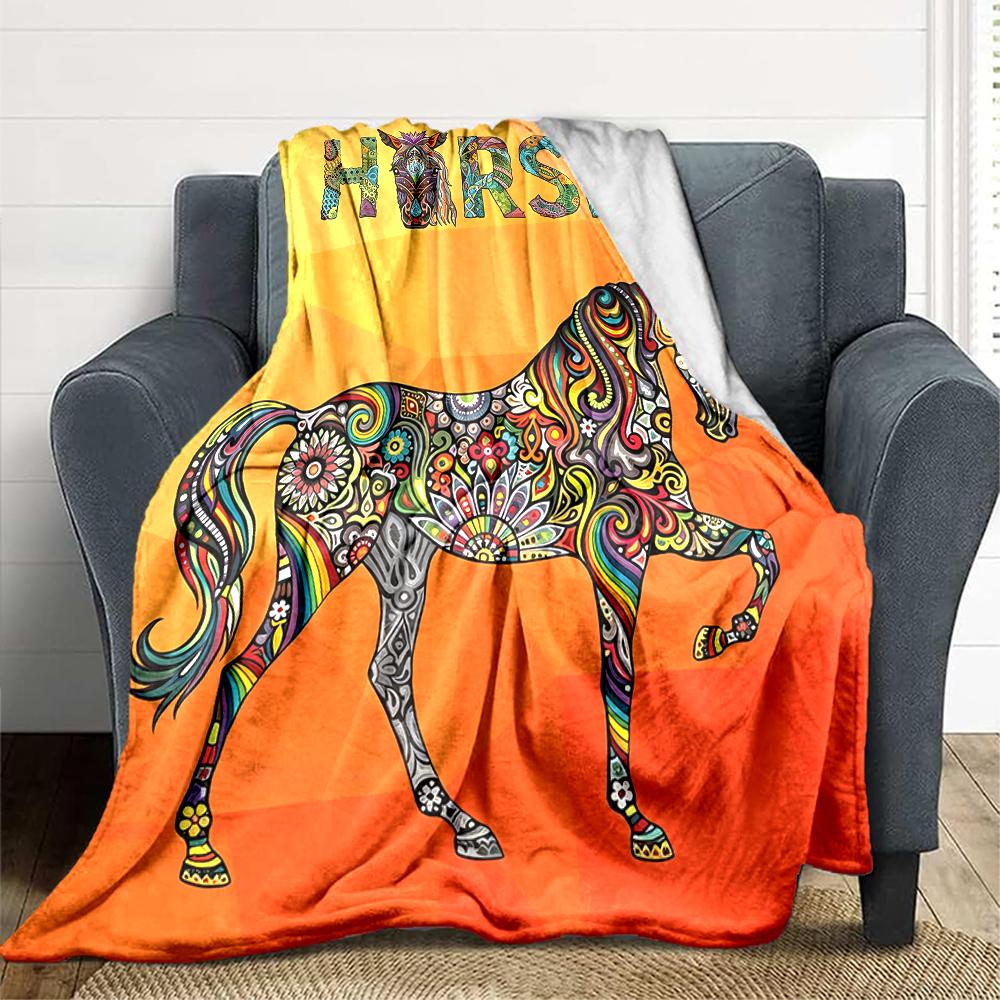 1Pc Colorful Horse Artwork Blanket Soft And Comfortable Casual Warm Camping Travel Christmas Halloween Xmas Gift M924445