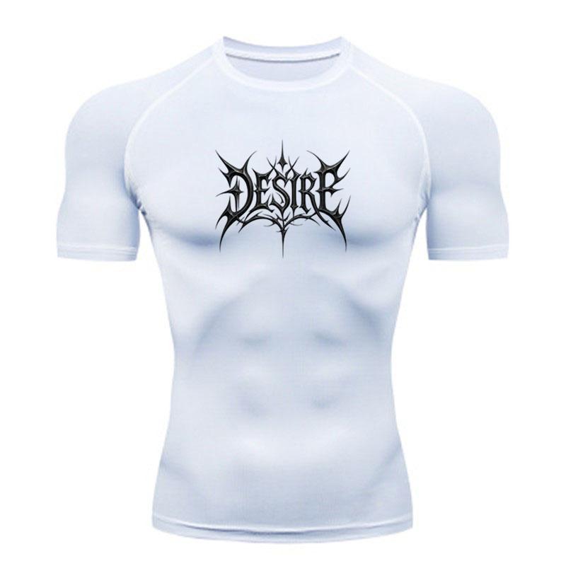Men's Compression Fitness Sports T-Shirt, Gothic Spiky DESIRE Letter Print Quick Dry Breathable Athletic Workout Top for