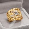 New business style ring, hollow leaf pattern wide version ring, two-color zircon-plated jewelry.