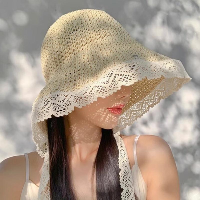 New Women'S Lace Sun Hat Wide Along The Beach Hat Summer Straw Hat Folding Sun Hat Head Women'S Beach Uv Protection Hat