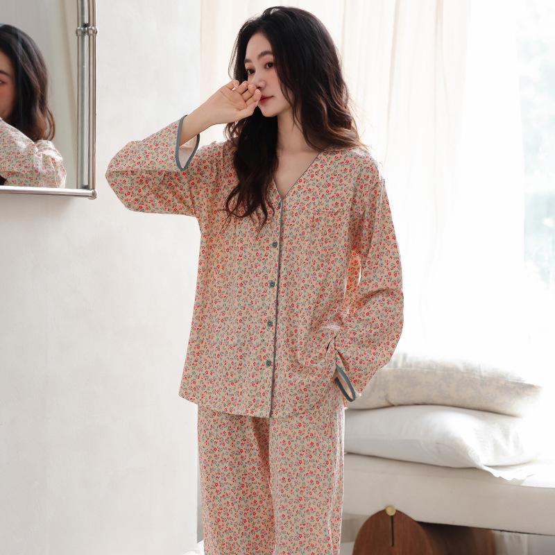 Set de pijama pentru femei cu decolteu în V din bumbac: Cardigan cu mânecă lungă și pantaloni, Mărime mare, Casual și croială largă pentru primăvară și toamnă