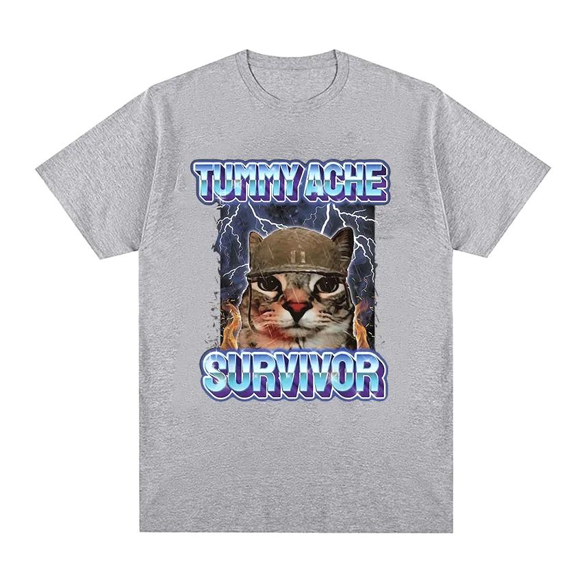 Vintage Tummy Ache Survivor Funny Cat Meme Print Tee Shirt Women Clothing Fashion Short Sleeve Casual T Shirt Top Clothing