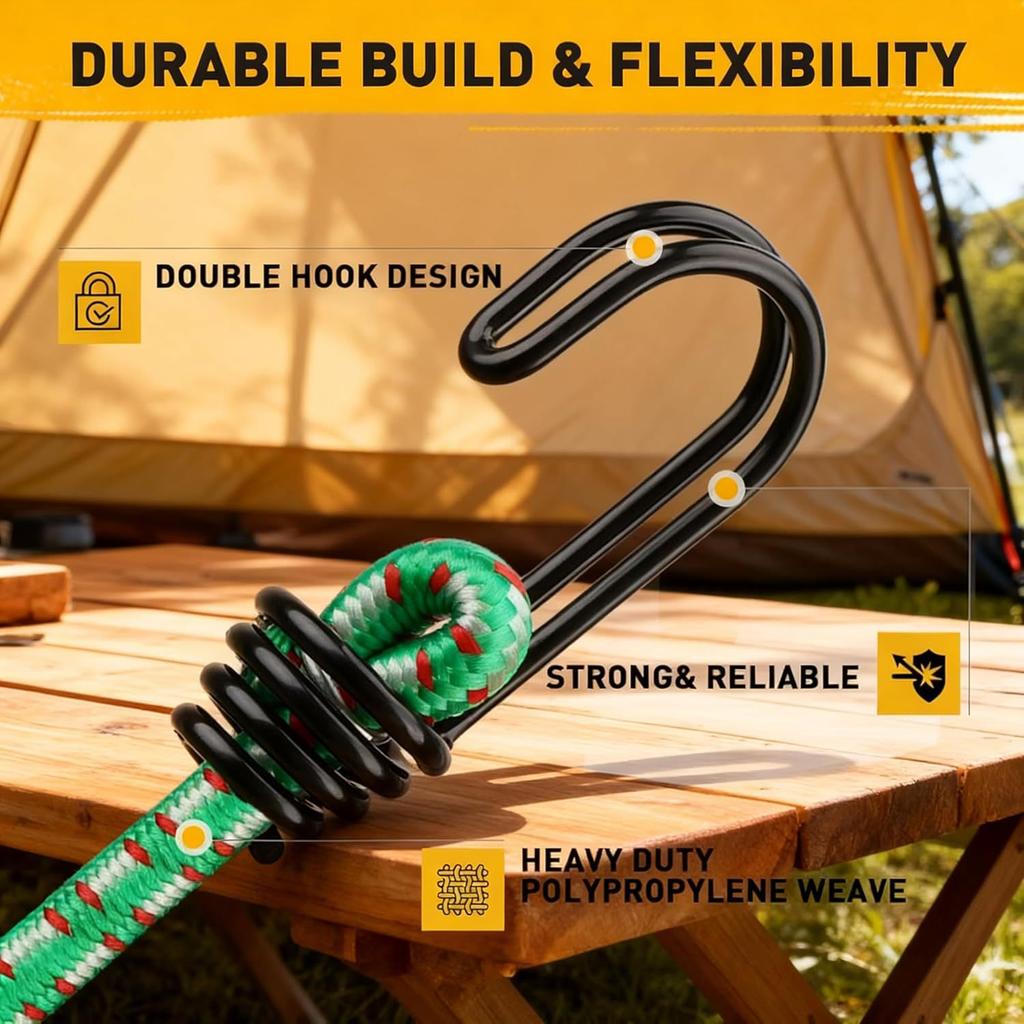 20Pcs Heavy Duty Bungee Cords with Double J Hooks in Storage Jar, Assorted Rubber Tie Down Straps for Camping Tent Luggage Cargo