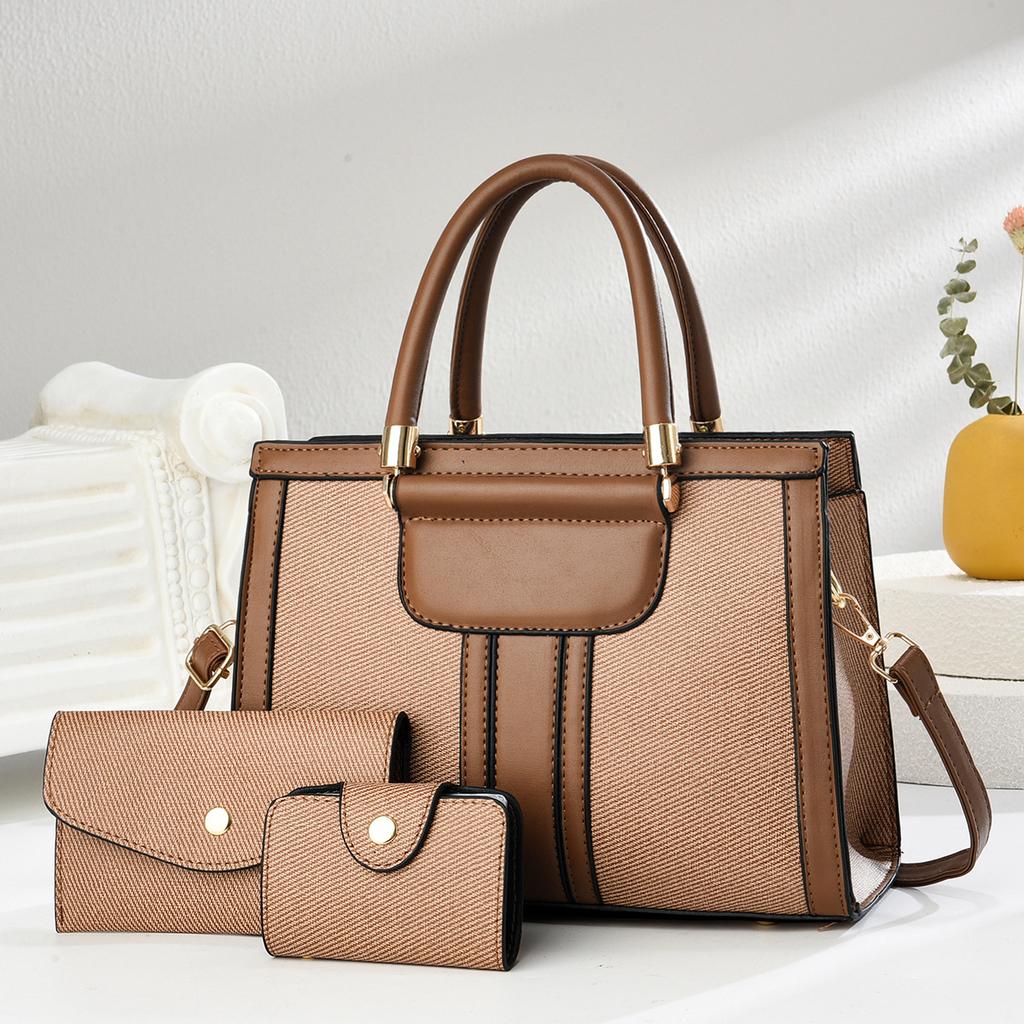 New High Appearance Horizontal Splicing Bag Three-piece Canvas Texture Handbag Leisure Large Capacity Single Shoulder Crossbody Bag