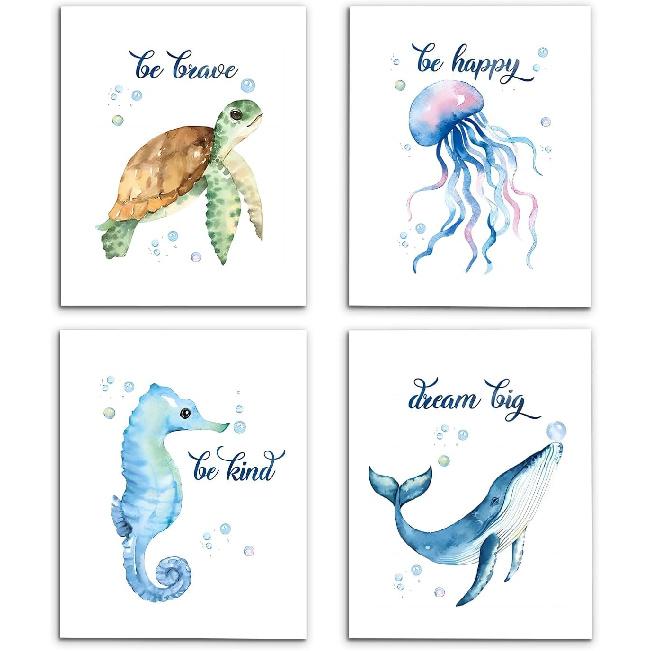 VIIJJUE Space Nursery Decor, Outer Space Rocket Astronaut Planets Wall Art Prints Set of 4, Decor for Boys Room, Solar System Wall Art for Nursery Watercolor Marine Animal