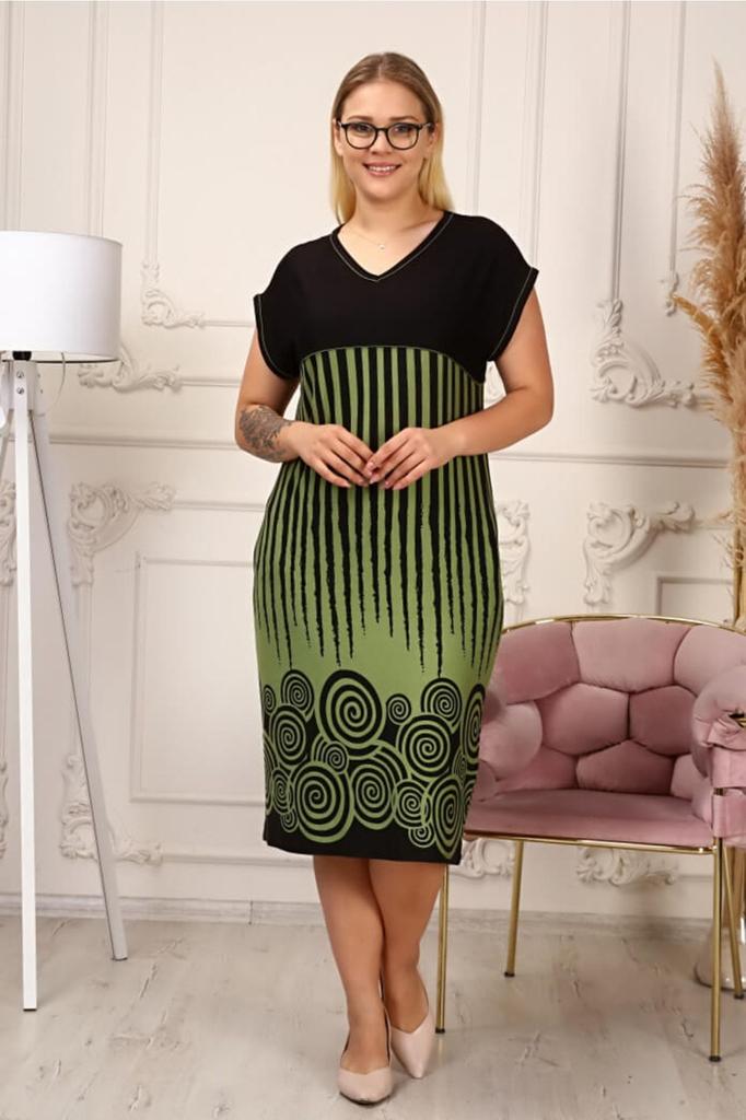 Women's Big Size Dress Striped Plus Size Dress - Khaki