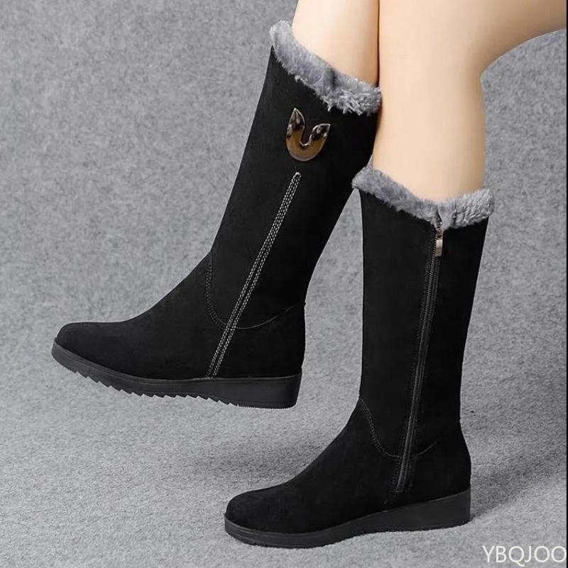 Winter Versatile Snow Boots for Women Thick Midsole Sloping Heel Anti Slip  Warm Side Zipper Comfortable Women's Cotton Boots