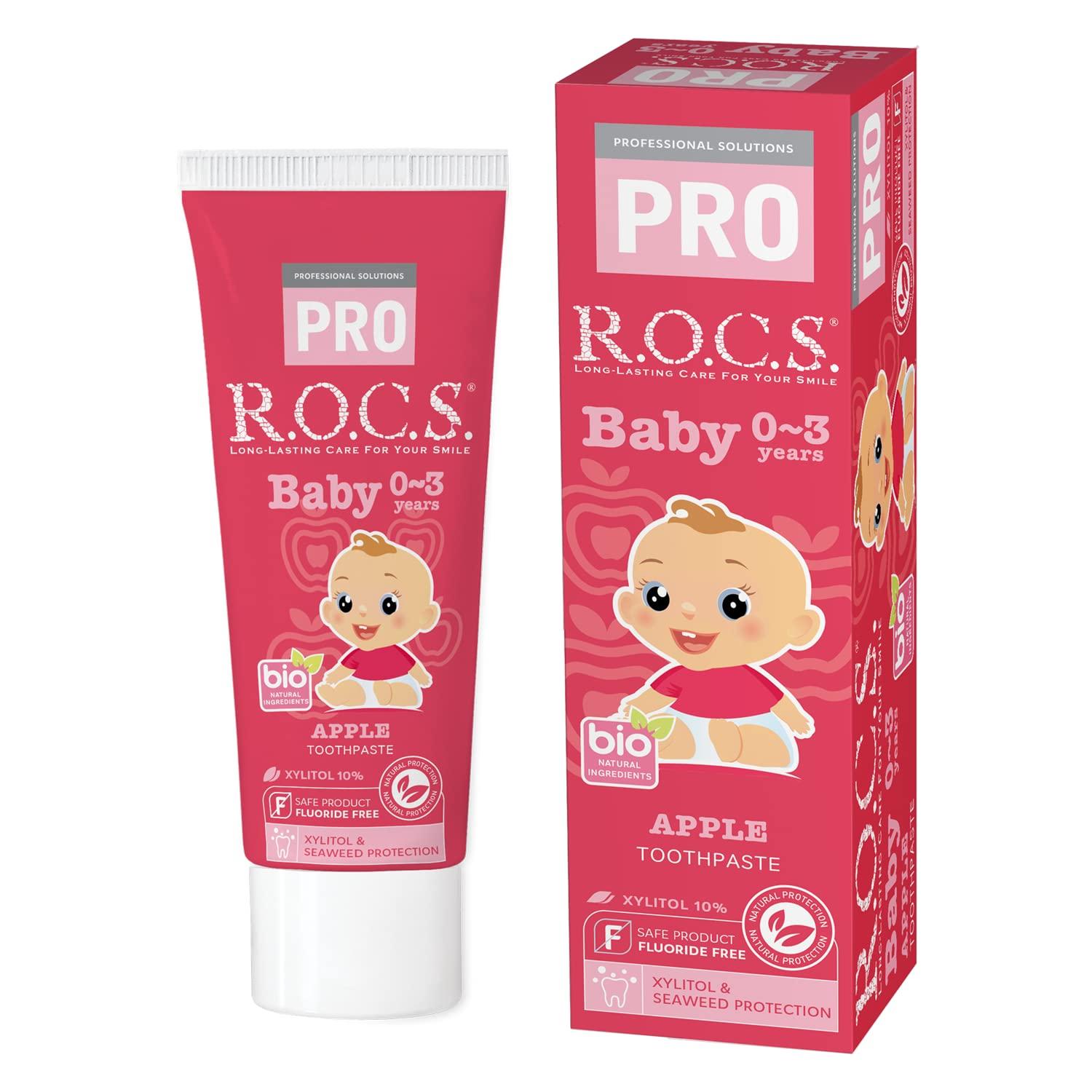 

Зубная паста Rocks PRO Baby years со вкусом яблока, полученная из натуральных материалов, не содержит вредных веществ, 45 г ROCS. (0-3 лет) [100% ингредиенты] добавки, фторид,