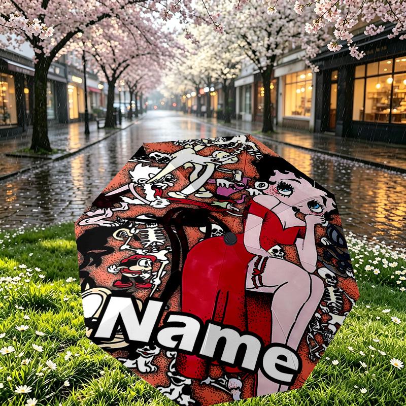 Custom Name Personalized Betty Boop Print Umbrella, Auto Open Close, 8‑Rib Sturdy Frame, Commute Camping Hiking Use, Birthday Gift