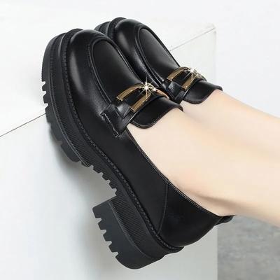 Soft Leather Single Shoes Women's Spring and Autumn Loafers Women's Mid-heel Thick-heeled Thick-soled Small Leather Shoes