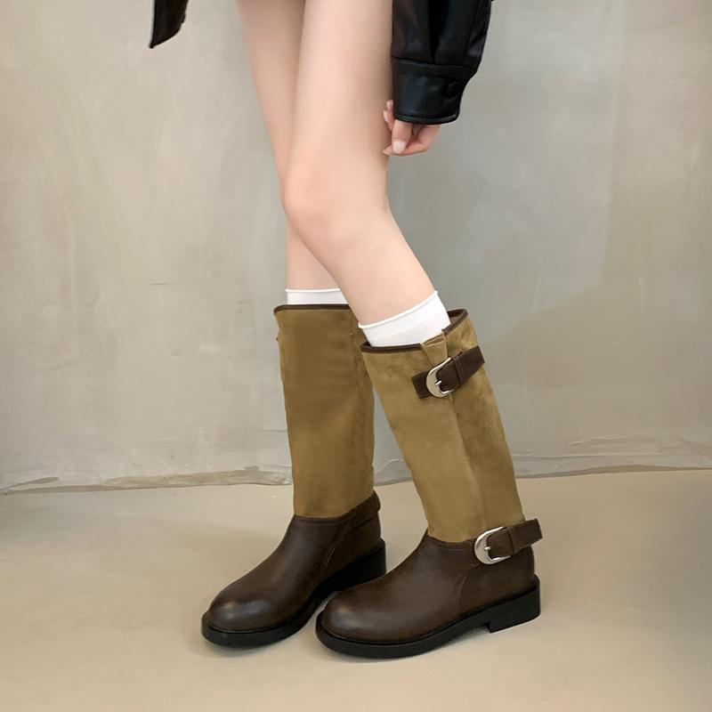 Pile Boots Women's Autumn and Winter New Knight Boots Belt Buckle Middle Tube Two Wear Martin Boots Thick Sole But Knee Boots