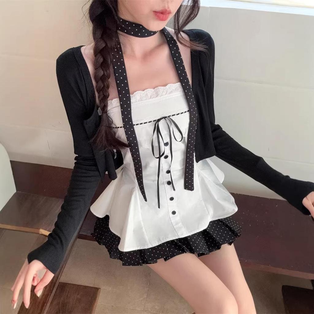 Korean Spring Lace Bow Camisole & Polka Dot Skirt Set for Women